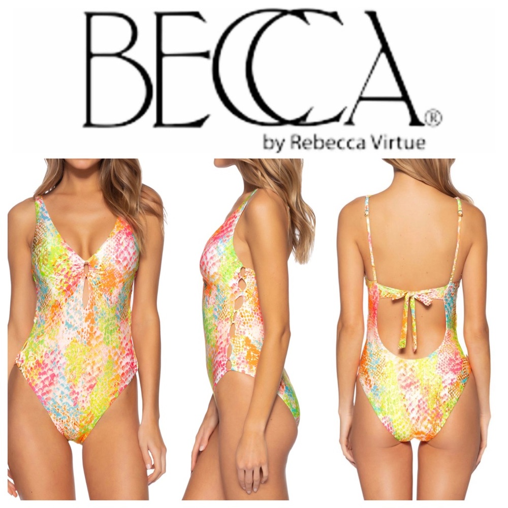 NWOT BECCA Jada Neon Mamba Snakeskin Print Cutout One-Piece Swimsuit